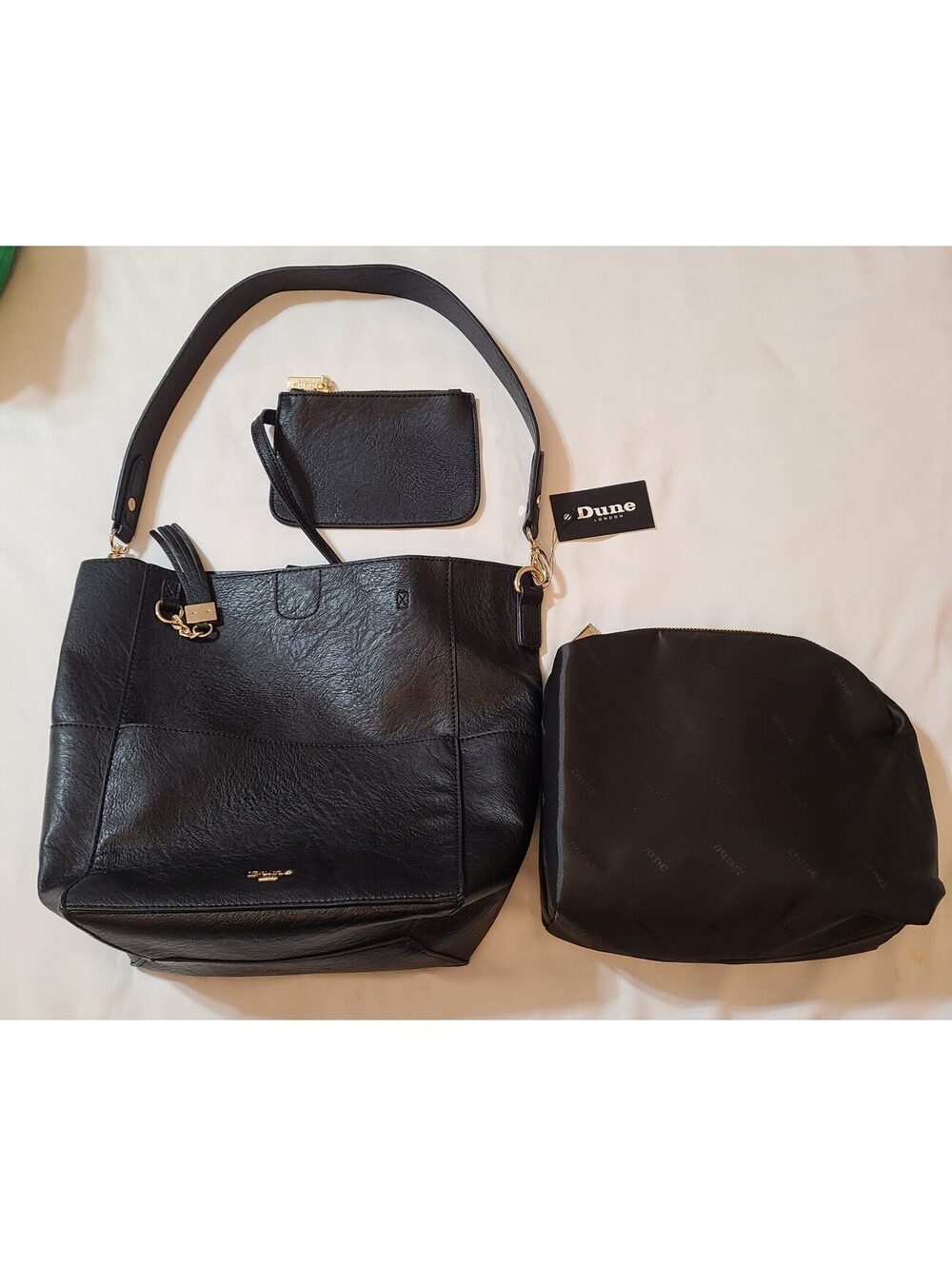 NWT Dune London Black 3 Pc Shoulder Bag Set Gold Hardware Tassel Chic Hobo